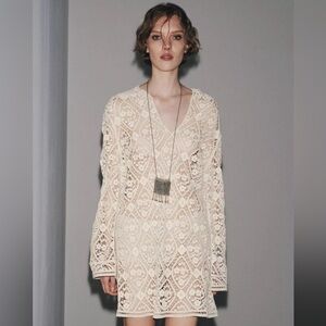 NWT ZW Zara Women’s Collection Crochet Beige Mini Lace Sleeve Dress Small $169